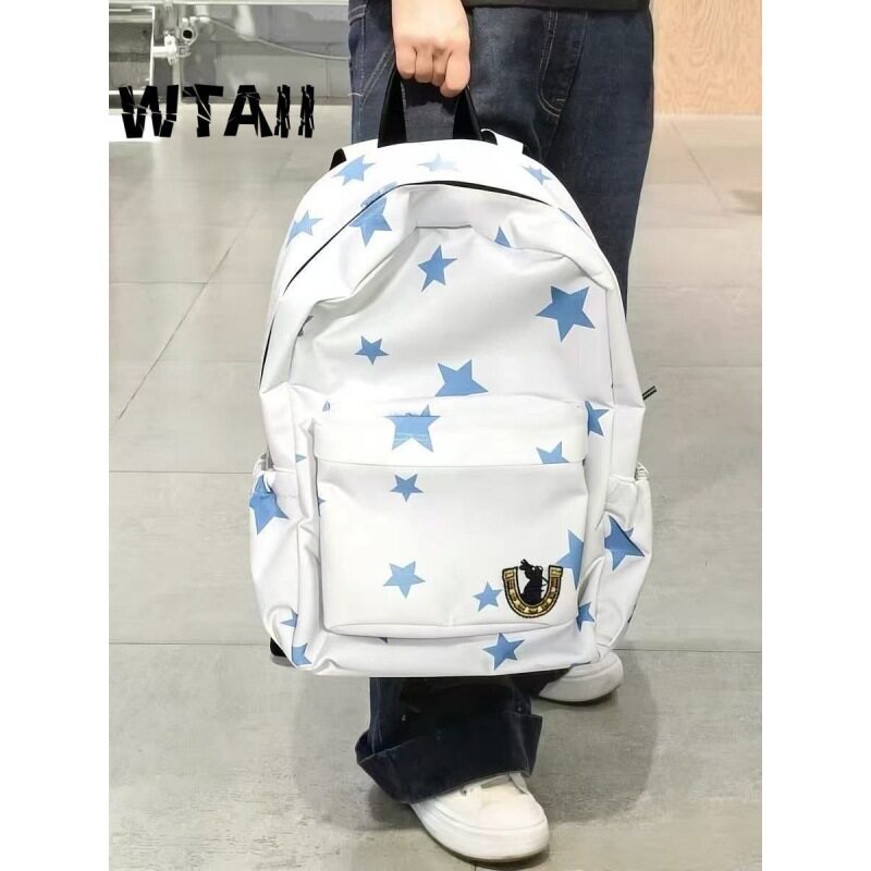 WTAII星星印花马蹄刺绣双肩包大容量旅行背包男女日常潮流书包
