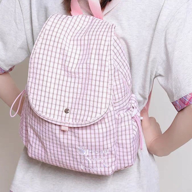 2025格子双肩包甜美书包女大学生格纹帆布包ins小众通勤旅行背包