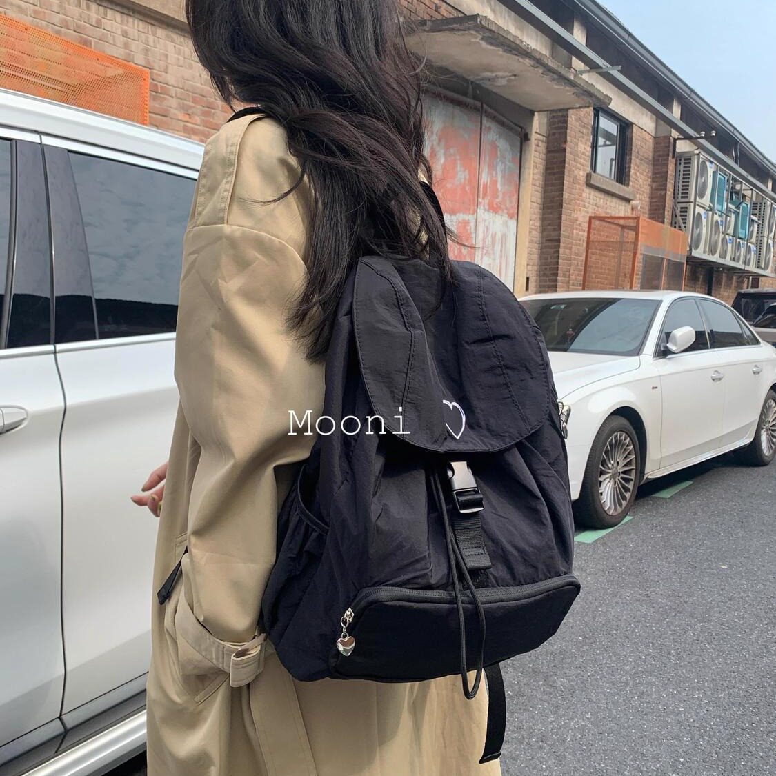 mooni新款爱心ins风小众韩国休闲轻便日常大容量尼龙双肩旅行书包