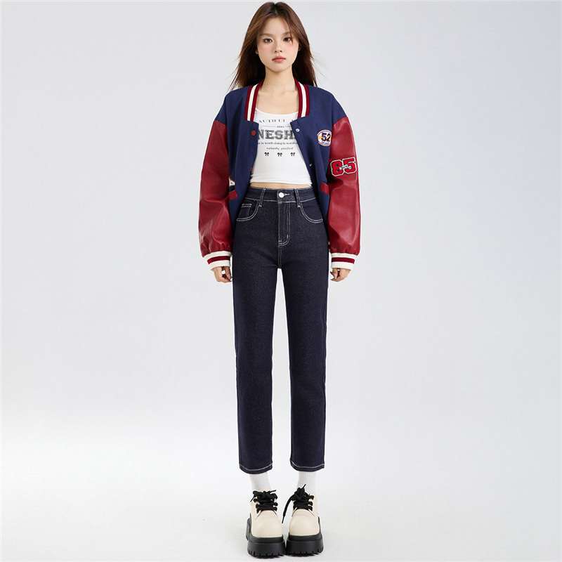 丹宁蓝直筒烟管裤女秋冬高腰显瘦弹力小个子法棍裤牛仔裤女