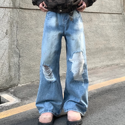 美式复古高街设计感破洞牛仔裤