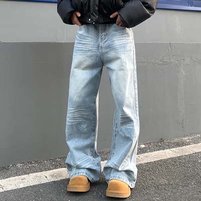 美式复古磨白水洗浅蓝色牛仔裤潮