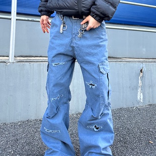 男女宽松街头破坏设计感阔腿直筒长裤 AXHUI 裤 复古大口袋工装 美式