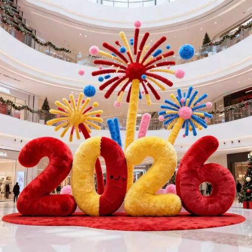 2026新年数字毛绒装饰烟花造型商场橱窗摆件拍照打卡道具