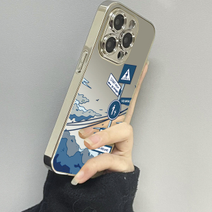 蓝灰路标适用苹果16手机壳iPhone15promax新款14plus镜面13pro防摔12男女11xsmax款iphonexr情侣78plus套se2