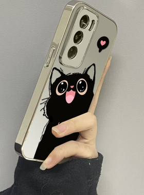 爱心黑猫适用opporeno13手机壳12新款11镜面10pro+9男8女款oppoa97a93a72a58a57a56a2pro3情侣oppofindx8x7套