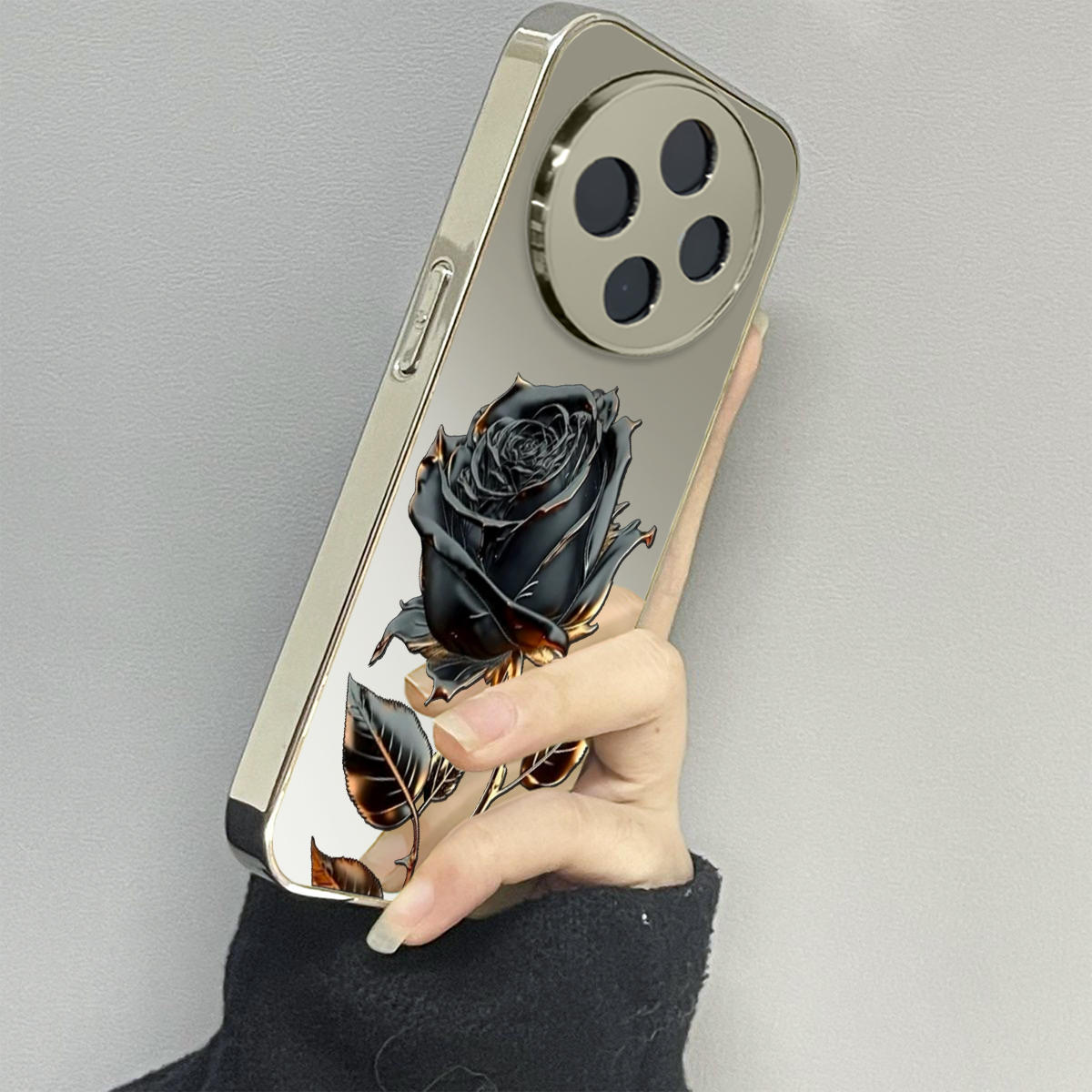 黑金玫瑰适用vivoy200i手机壳y300pro新款y78+镜面y100防摔vivoy53s77e男y76s女款vivoy73s70s情侣y52st1x