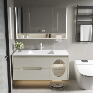 简约浴室柜组合奶油风橡木浴室柜陶瓷一体盆卫生间洗脸洗手盆套装