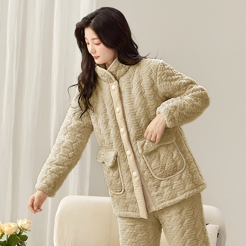 妙泊姿睡衣女加厚珊瑚绒夹棉套装