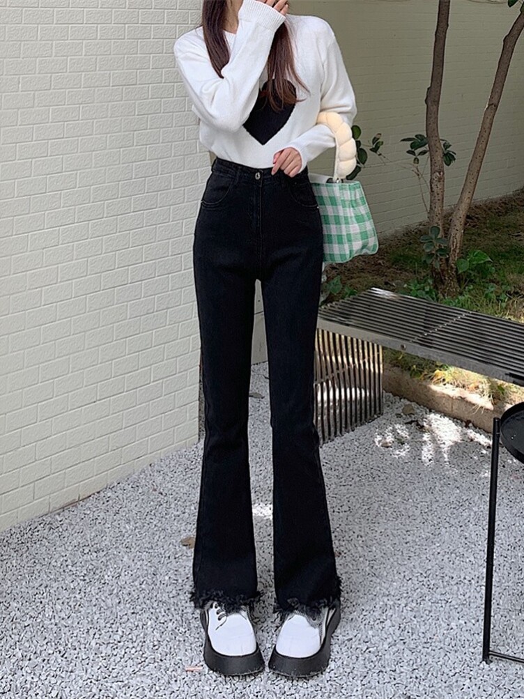 黑色弹力微喇裤牛仔裤女春秋高腰显瘦大码胖mm毛边喇叭裤拖地裤潮