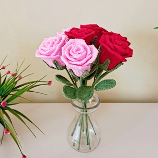 成品手工编织毛线玫瑰花束diy酒杯玫瑰花婚庆结婚礼物送朋友闺蜜