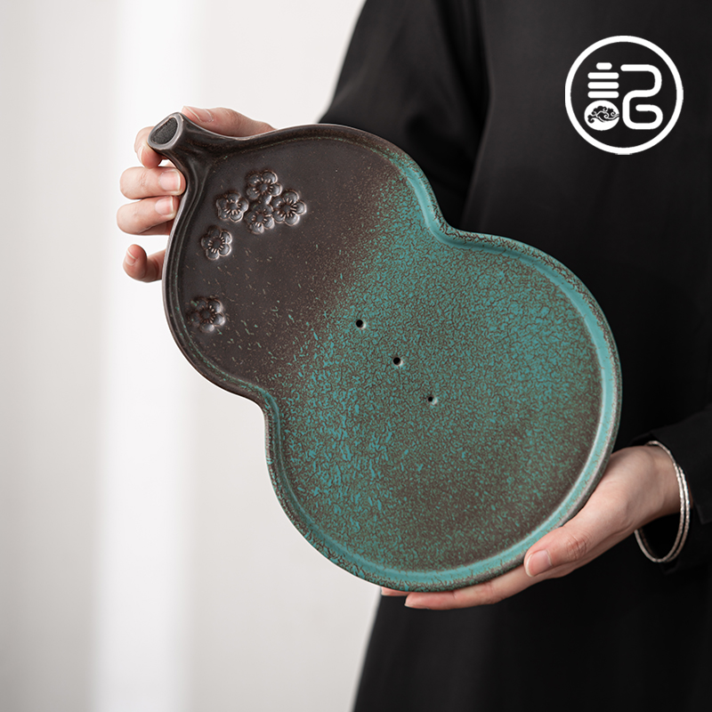 记今朝《孔雀绿》日式茶盘小型 储水干 干泡台 茶具壶承 托 托盘