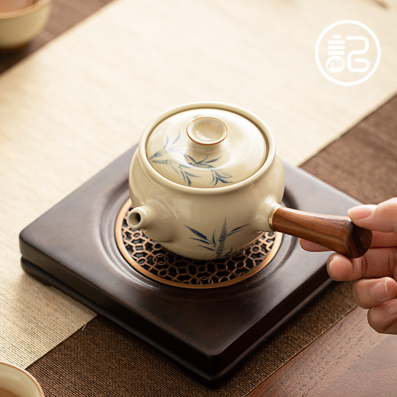 记今朝【豆黄汝窑】手绘茶壶侧把西施功夫茶具陶瓷泡茶器开片可养