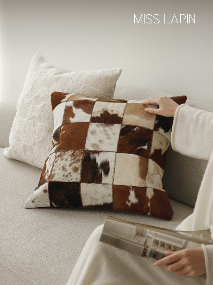 中世纪颜色澳大利亚牛实皮牛皮拼接枕头兔毛靠垫沙发装饰腰枕头袋