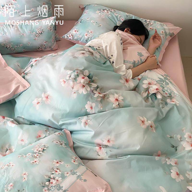 陌上烟雨A类新中式古典风全棉长绒棉数码活性印花床品抗菌四件套,床上用品,床品套件/四件套/多件套,淘宝优惠券,粉丝福利购,淘宝优惠卷