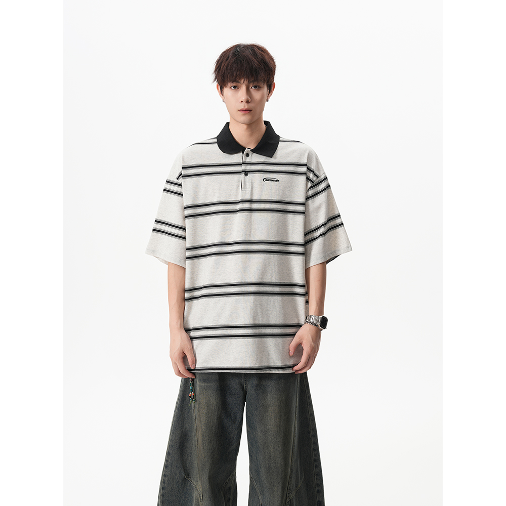 25夏季新款美式复古条纹翻领POLO衫1308ZDPL11P45，男装Polo衫，星座1308
