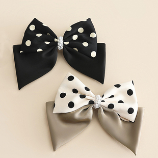 波点缎面大蝴蝶结发夹高级感弹簧夹后脑勺盘发卡气质百搭珍珠顶夹