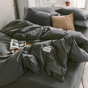 水洗棉铺盖套春秋款夏四件套纯棉全棉灰色简约P学生床上三件套裸