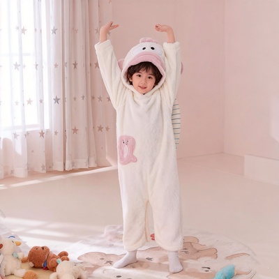 丑鱼睡衣2025新款连体秋冬季珊瑚绒加厚保暖丑嘴鱼睡袍男女童搞怪