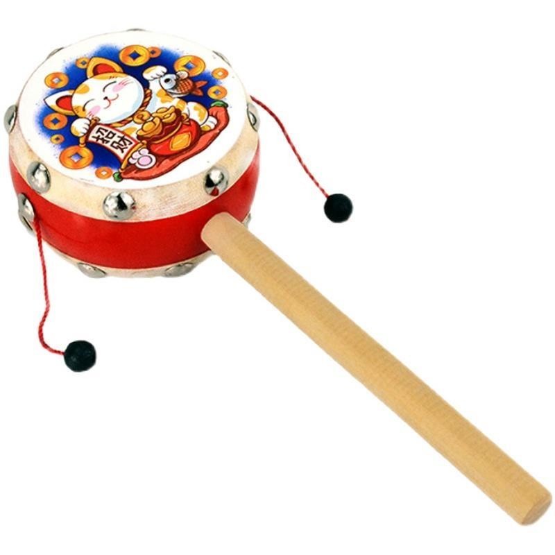 拨浪鼓老式手工波不浪鼓手摇鼓传统羊皮拨浪鼓婴儿木质可啃咬宝宝