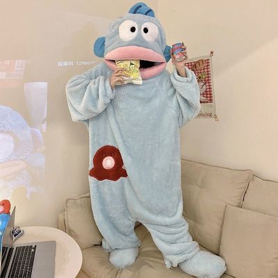丑鱼连体睡衣珊瑚绒秋冬季加绒加厚保暖情侣卡通睡袍儿童男女童