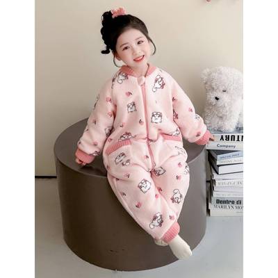 宝宝连体睡衣秋冬款法兰绒加厚夹棉儿童连身衣防踢被女童冬季睡袋