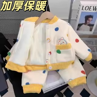 儿童睡衣女童珊瑚绒冬季加厚款女孩法兰绒三层夹棉宝宝保暖家居服