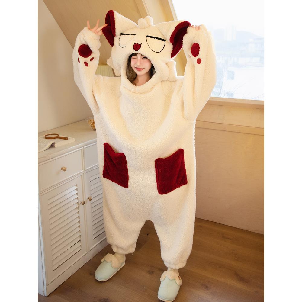 猫咪连体睡衣女加厚保暖珊瑚绒睡袍可爱卡通搞怪连帽玩偶服可外穿