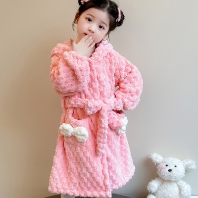 睡袍儿童女款女童吸水浴袍秋冬季加厚女孩珊瑚绒睡袍女宝宝浴衣保