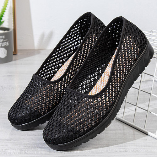 夏季网布镂空平跟透气妈妈黑布鞋