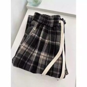 秋冬加厚150高腰显瘦垂感直筒九分裤 小个子145窄版 撞色毛呢格子裤