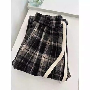 小个子145窄版撞色毛呢格子裤秋冬加厚150高腰显瘦垂感直筒九分裤
