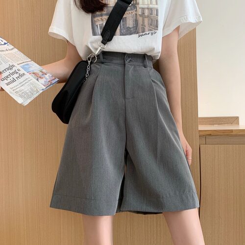 大码西装短裤女夏季薄款胖mm宽松200斤垂感直筒中裤阔腿五分裤子