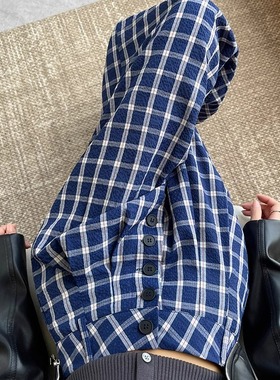 网红同款复古蓝色格子裤女秋新款高腰宽松阔腿裤慵懒风休闲拖地裤