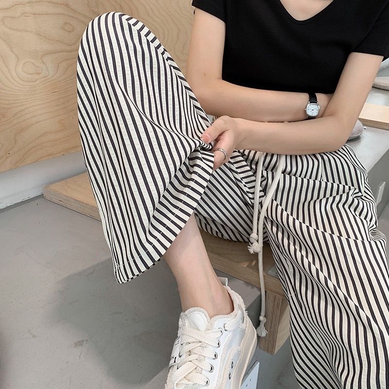 韩系竖条纹休闲裤女夏季宽松