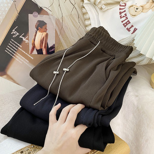 150垂感直筒休闲裤 145cm矮小个子链条抽绳坑条纹针织阔腿裤 女秋季