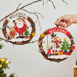 圣诞节装饰品老人雪人麋鹿藤圈花环门挂墙挂圣诞树橱窗场景布置