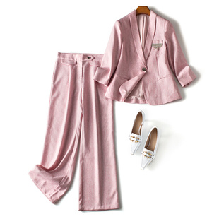 欧列粉色西服女2022春装 通勤职业西装 套装 新款 裤 F4949时尚