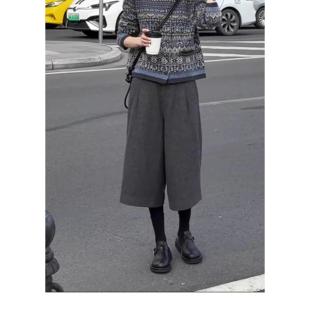 女式 裤 秋冬季 高腰七分休闲西装 子 小个子宽松直筒裤 毛呢八分阔腿裤