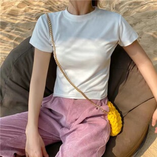 短款辣妹白t短袖T恤女高腰露脐夏季辣妹内搭bm白色上衣服夏天新款