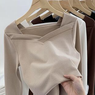 设计感不规则方领德绒打底衫 修身 长袖 t恤内搭上衣双面 女秋冬新款