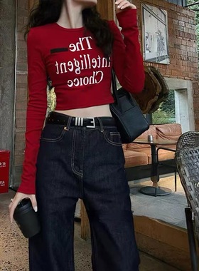 美式复古正肩红色长袖t恤女春秋修身短款辣妹纯欲紧身打底衫上衣