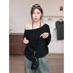 美式白色露肩斜肩卫衣女款2026新款爆款秋季高级感短款一字肩上衣
