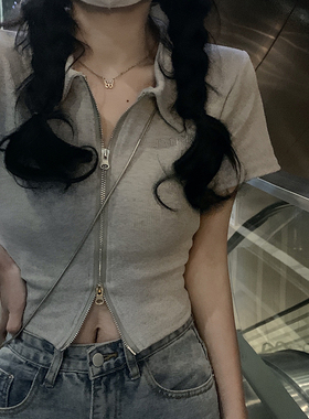 纯欲风辣妹灰色polo领短款T恤女2026夏设计感双拉链短袖上衣ins潮