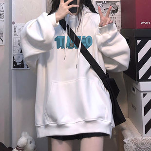 白色加绒加厚卫衣女oversize设计感小众宽松bf慵懒风秋冬连帽外套