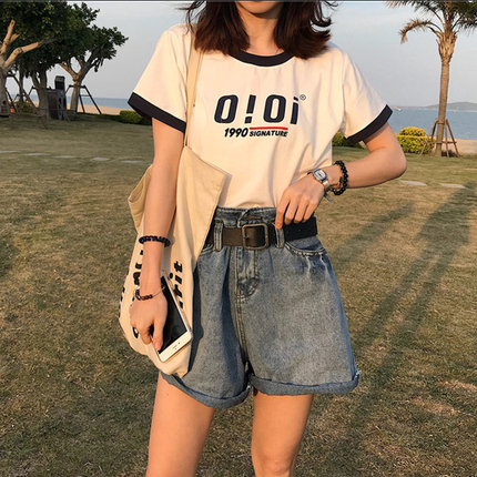 Super Popular Cec Short-Sleeve T-Shirt for Women, Spring and Summer Korean Style, Color-Blocked Letter Print, Trendy Student Loose Half-Sleeve Top