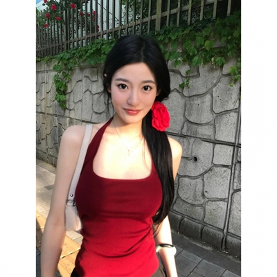 红色港风小吊带女夏季设计感小众外穿针织背心纯欲挂脖上衣高级感