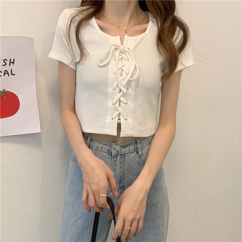 大码女装设计感显瘦短款T恤胖mm宽松上衣女夏遮肚子甜美短袖系带图片