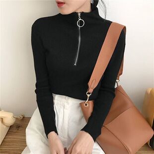 春秋装2026时尚新款圆环拉链上衣高领显瘦修身长袖打底衫T恤女