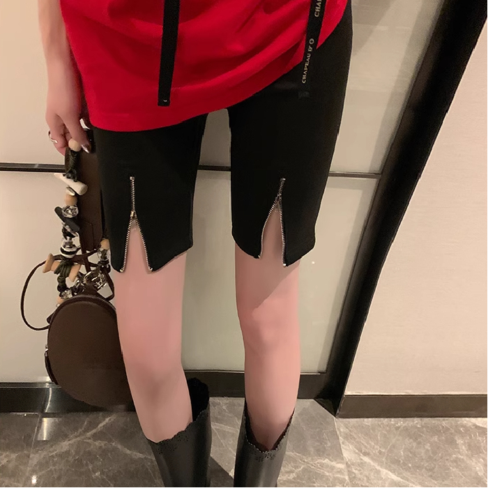 黑色开叉拉链紧身运动短裤女高腰显瘦薄款五分裤夏季休闲骑行裤子